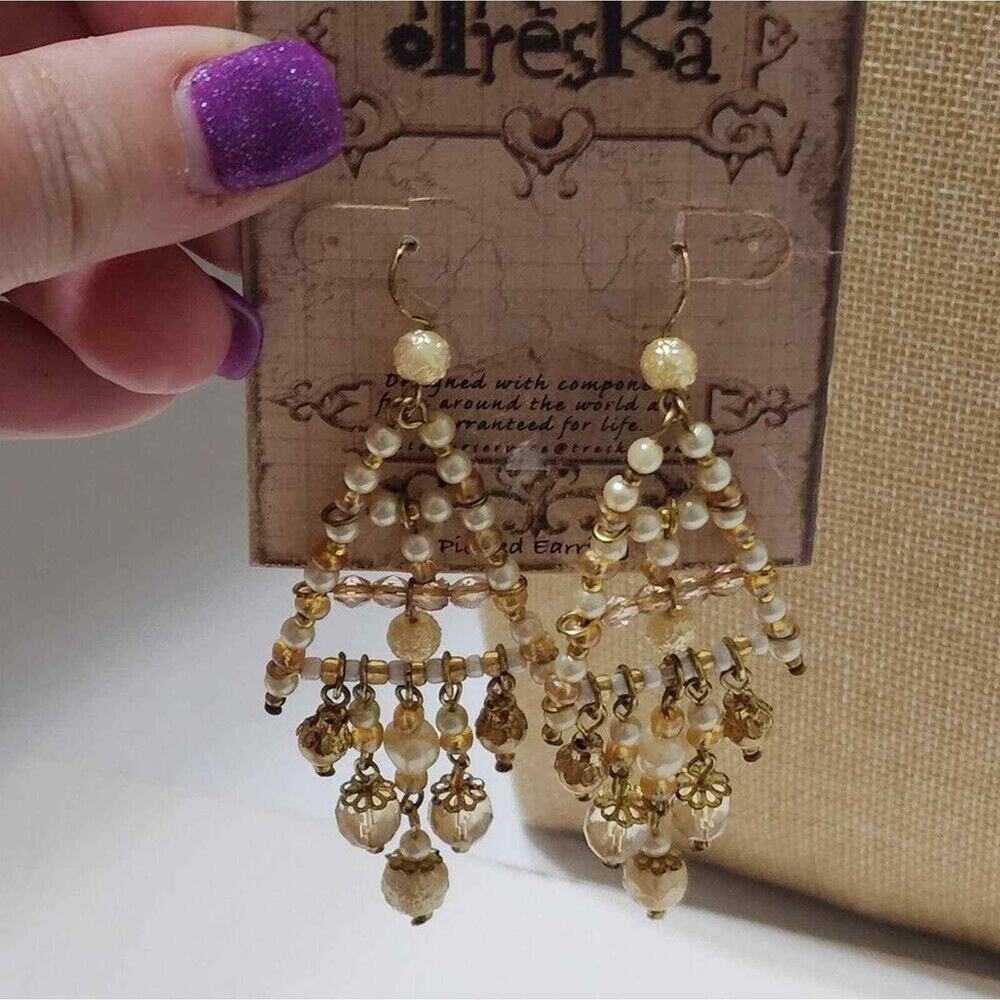 Treska Beaded Chandelier Earrings Gold Cream Amber Pearl Statement Drop Boho New